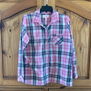 Women Victoria’s Secret pink gray silver plaid long sleeve pajama shirt size M